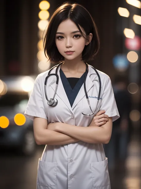 （（（girl，Short hair details，Metal body，she is a doctor）））.Warm background，background bokeh