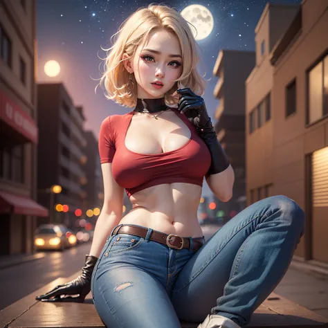 A blonde girl alone，big breasts，There is a belt at the belly button，blue eyes，Wear a cropped top，Wear yours with jeans，Naked waist，wearing gloves，looking at the audience，hair is short，Lined with a moon，Wear a red shirt，night view，sitting，wearing shirt and ...