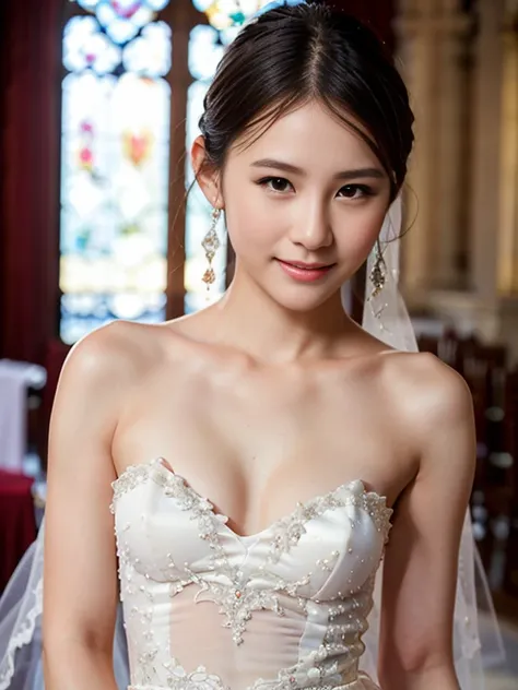 1 girl, smile, shiny skin, delicate face, best quality, masterpiece, (realistic: 1.4), wedding dress, random hairstyle, perfect figure, small breasts, princess