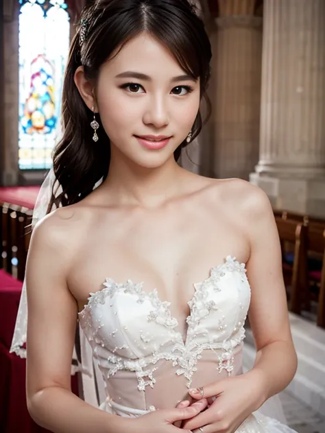 1 girl, smile, shiny skin, delicate face, best quality, masterpiece, (realistic: 1.4), wedding dress, random hairstyle, perfect figure, small breasts, princess