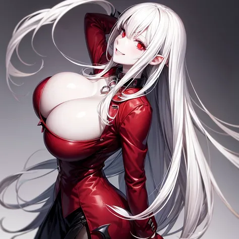 Best quality, 1 vampire girl, (huge breasts:1.1), (pure white skin:1.2), white hair, red eyes, bloody face, smile, (collar:1.1), wearing a suit, full body, simple background