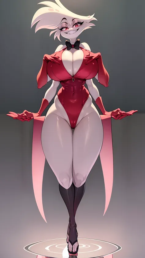 (best quality, masterpiece:1), furry, female, 1girl, anthro, angeldust, 4 arms, white cloths , thigh boots, gold tooth, huge chest tuft, choker, bowtie, , red gloves, grin, sharp teet hourglass figure, thick thighs, bubble butt, wide hips, *, pants, full, ...