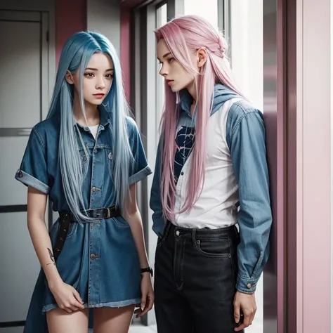 Young man 20 years have long blue hair. Young women 20 years with pink hair. They both extraordinary and stylish 