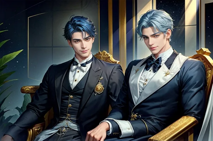 A young man seated on his imposing throne, with golden eyes accented by silver details, navy-blue hair falling casually across his forehead. His eyes reflected a blend of charm, determination, mystery, and passion, with no hint of a beard on his symmetrica...