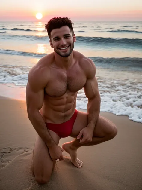 Shirtless, Malik Delgati in a red bathing suit, on his knees on the beach at sunset, smiling sexily at the camera.