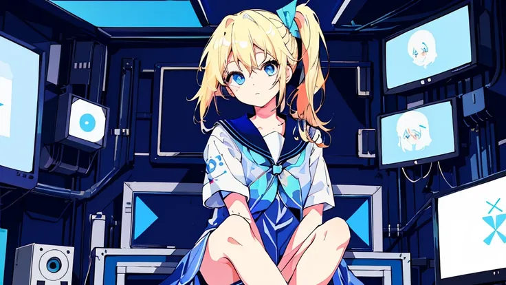 (face, 1 girl, blonde hair, side ponytail, blue eyes, sailor suit, kawaii, sitting cross-legged), (blue cyberpunk, room with big monitor)