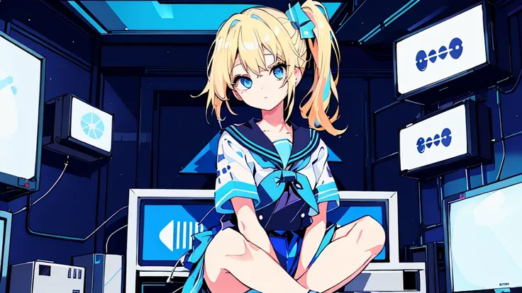 (face, 1 girl, blonde hair, side ponytail, blue eyes, sailor suit, kawaii, sitting cross-legged), (blue cyberpunk, room with big monitor)