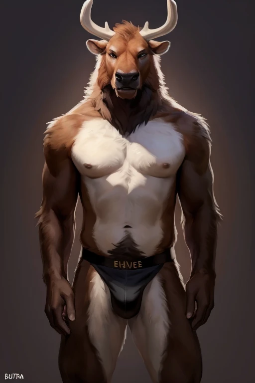 solo,furry,anthro,Bison,male,e621,standing,hands behind back,wearing underwear,simple background,front view,by bebebebebe,by foxovh,by buta99,by chunie,(best quality,4k,8k,highres,masterpiece:1.2),ultra-detailed,(realistic,photorealistic,photo-realistic:1....