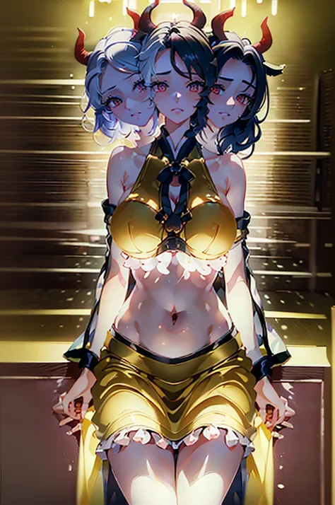 (masterpiece, best quality),best quality, (ultra-detailed), (3heads:1.5), 1girl, (ushizaki urumi:1.3), masterpiece, best quality, white top, crop top, ((stomach)), midriff, ((groin)), yellow skirt, normal ears, shackles, black hair, very long hair, wavy ha...