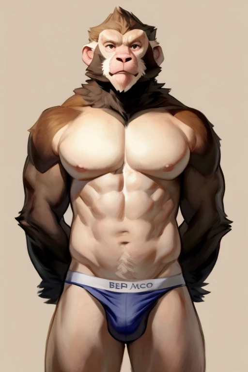 Solo, Furry, Anthro, Capuchin, Male, E621, Standing, Muscular, Hands behind back, Wearing underwear, Plain background, Front view, Light skin, By bebebebebe
