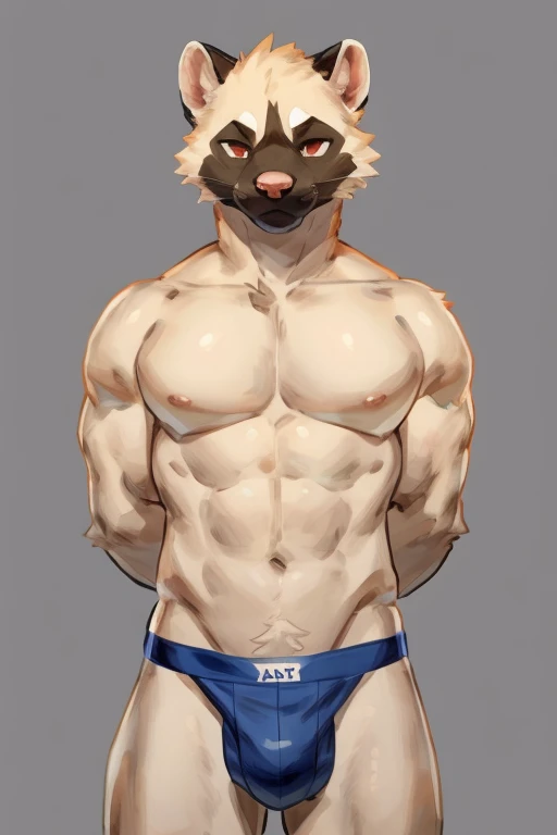 Solo, Furry, Anthro, Ferret, Male, E621, Standing, Muscular, Hands behind back, Wearing underwear, Plain background, Front view, Light skin, By buta99
