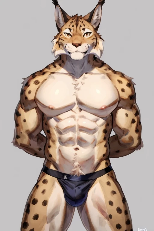 Solo, Furry, Anthro, Lynx, Male, E621, Standing, Muscular, Hands behind back, Wearing underwear, Plain background, Front view, Light skin, By buta99
