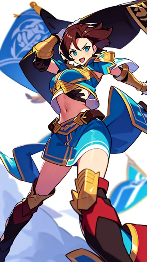 solo female, midriff, (((blurry background, white background))), character focus, fantasy clothes, standing, grove cuff, gloves, character design, gauntlets,