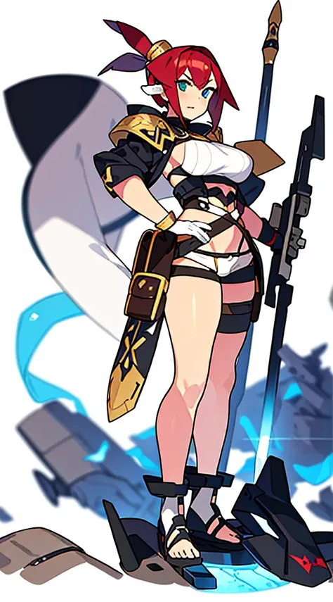 solo woman, (((blurry background, white background))), character focus, fantasy clothes, standing, full body, shorts, holding weapon, thong,
