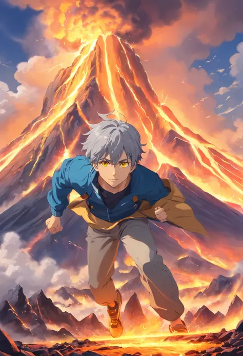 Drawing, fantasy, realism, high detail, quintet of men (detailing), ((with light gray hair)) (hair detailing), ((yellow eyes)), (face detailing), (clothing detailing), standing at an erupting volcano (volcano detailing), (nature detailing), 8kk