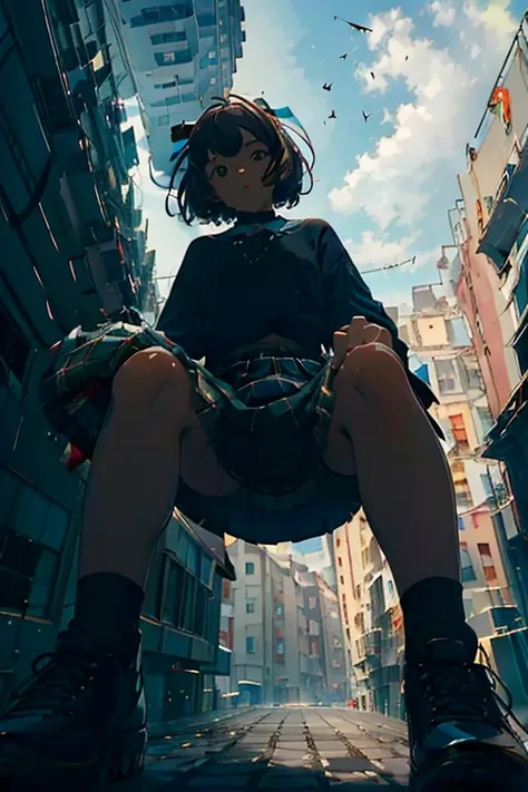 (masterpiece:1.3),(best quality:1.2), 
from below, low_angle_human, 1girl, short brown hair, tartan skirt, squatting, (viewed from below), (underskirt shot), ((front footage)), ((looking at viewer)), ((view at viewer)), ((black shoes)), ((Underwear))