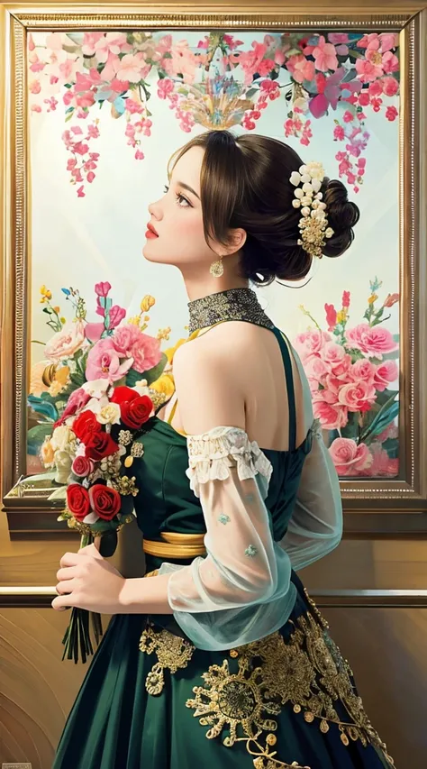 1girl in a masterpiece, top-quality, official art, beautifully aesthetic: 1.2, highlighting her upper body. The girl is surrounded by 1 flower, creating a highly detailed, colorfully vibrant scene. The artwork showcases the beauty of fractal art: 1.3 in th...