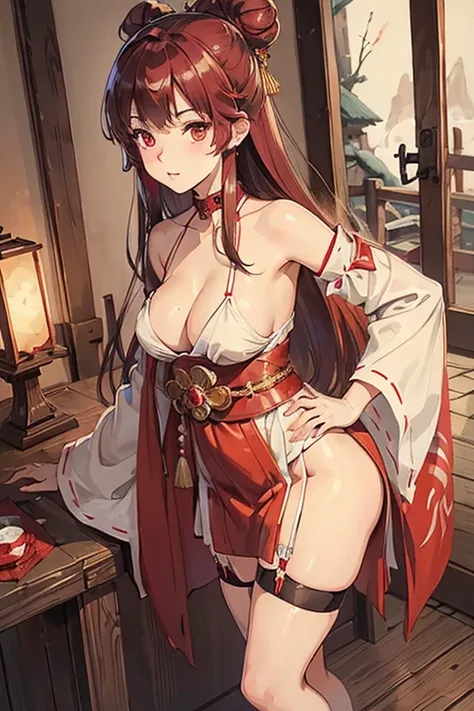 ((best quality)), ((masterpiece)), (detailed), perfect face, girl, dark red hair, long hair, thigh high, shrine maiden, Miko priestess, garter belt, onsen theme, hands on hips, long skirt, hair in bun, hair glowing, hair in bun,