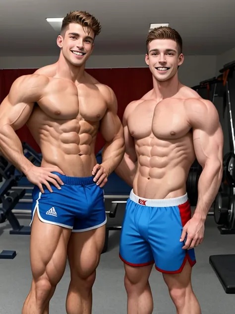 2 Men: shirtless, bodybuilder, Vince Sant, in red athletic shorts with a bulge, and shirtless, bodybuilder Quin Quire in blue athletic shorts with a bulge, standing in a home gym, smiling at the camera.