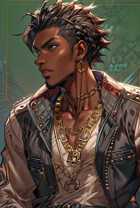 a close up of a dark skin person wearing a brown jacket((jaguar spotted texture)), white tank top underneath jacket, dark gray jeans with a black belt on his waist,He also wears two golden chain necklace in his neck and a long necklace with three black rou...