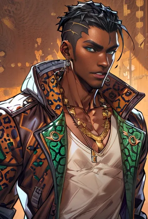 a close up of a dark skin person wearing a brown jacket((jaguar spotted texture)), white tank top underneath jacket, dark gray jeans with a black belt on his waist,He also wears two golden chain necklace in his neck and a long necklace with three black rou...