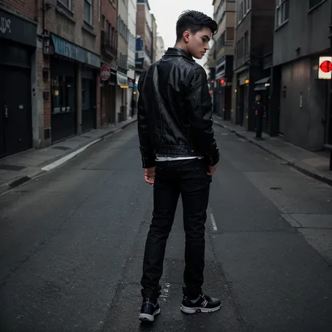 A realistic boy who wear black jacket, shoes, fashionable jeans. Back ground should be dark, thriller.