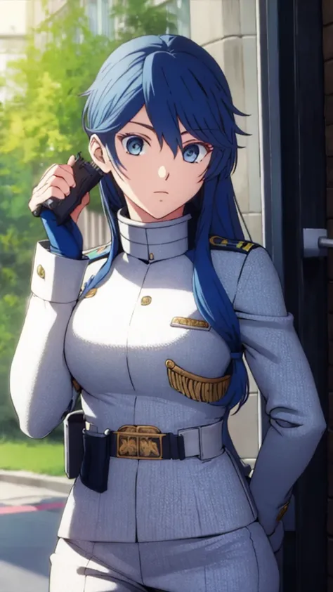 masterpiece, best quality, , 1girl, solo, looking at viewer, upper body , realistic, MONSTAMOO , blue hair , blue eyes , military uniform , battlefield , military equipment , holding handgun , long hair