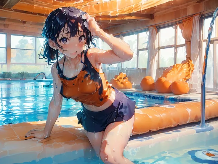 masterpiece,highest quality,real,((((all fours pose)))),swimsuit((((Super soaked,(navy blue mini skirt,(Orange camisole)))))),((((((Slimy lotion indoor pool)))))),(((((((ぬるぬるローションでSuper soaked))))))),