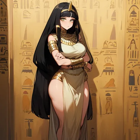 (((Alone))),(((Mature Woman))),(Body with medium curves),(((Amber eyes))),(((Long black hair with bangs))),(((Wearing Egyptian clothes))),((( wearing gold accessories)))