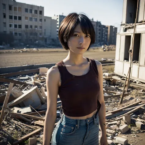 A Japanese Lady, look at viewr, ((very Short hair)), (((skinny:1.3)), 27-years old . day, Outdoors, Post-apocalypse, Ruins,