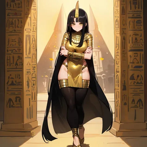 (((Alone))),(((Mature Woman))),(Body with medium curves),(((Amber eyes))),(((Long black hair with bangs))),(((Wearing Egyptian clothes))),((( wearing gold accessories)))