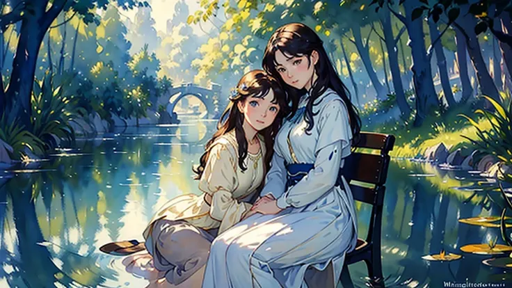 ((Watercolor by Sargent))、(highest quality、masterpiece)、soft light、There are two women sitting on a bench near a body of water, magali villeneuve and monet, pre-raphaelite oil painting, pre-raphaelite style,  inspired by Edmund Leighton, Pre-Raphaelite pai...