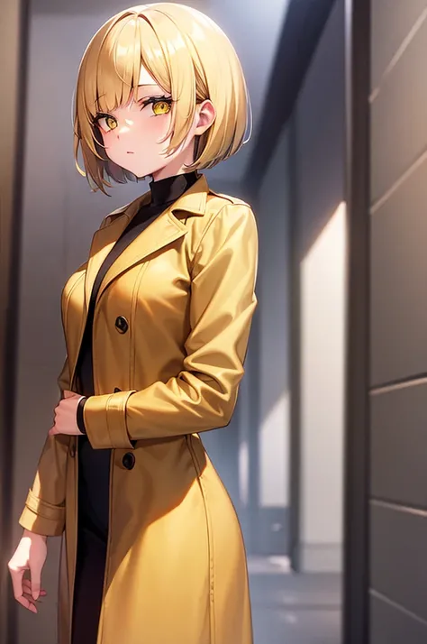 beautiful girl　Schoolgirl style　bright yellow bob cut　beautiful yellow eyes　wearing a brown trench coat
