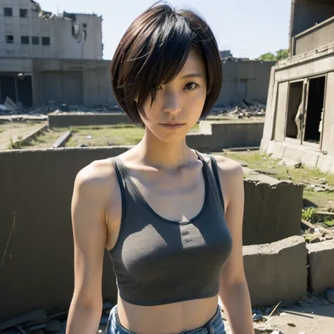 A Japanese Lady, look at viewr, ((very Short hair)), (((skinny:1.3)), 27-years old . day, Outdoors, Post-apocalypse, Ruins, see-through tank top,