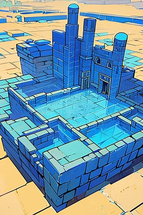 (masterpiece), (blue ancient sumerian city made of blue stone bricks), (blue stone bricks), sprawling city, buildings, (2-point perspective), (two point perspective)