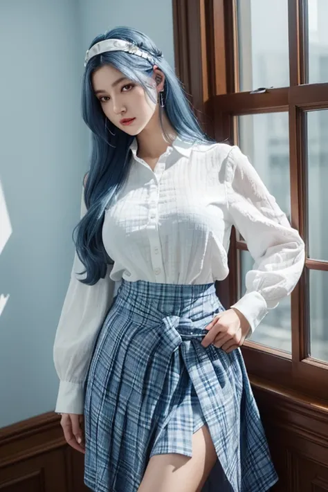 (best quality, masterful, intricate hair, high resolution, headband, beautiful face, white blouse, blue plaid skirt, magnifying glass, blue hair, permanent, (above the waist), Medusa, floor-to-ceiling window, consistent)