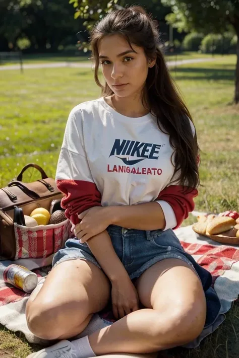 Beautiful 21 year old girl with perfect and natural body, tiene senos medianos y culo grande, is having a picnic in a park, shes sitting, on the red and white checkered tablecloth that is on the grass, tiene una canasta con comida y una botella de vino, sh...