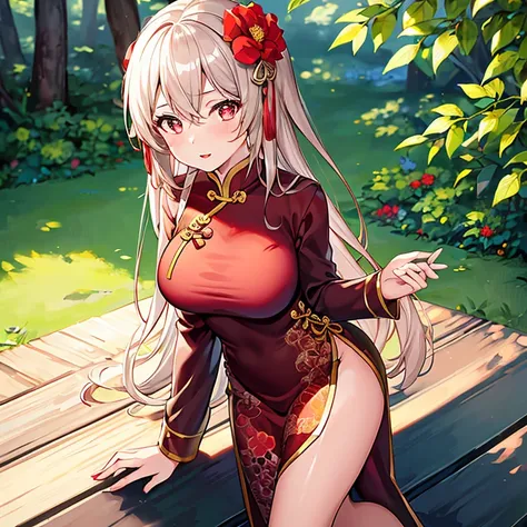 1 girl,bush,robber girl,China dress,cheongsam clothing,hair flower,(masterpiece:1.4),(highest quality:1.4),(shiny skin),red lips,looking at the viewer,big breasts,cleft lip