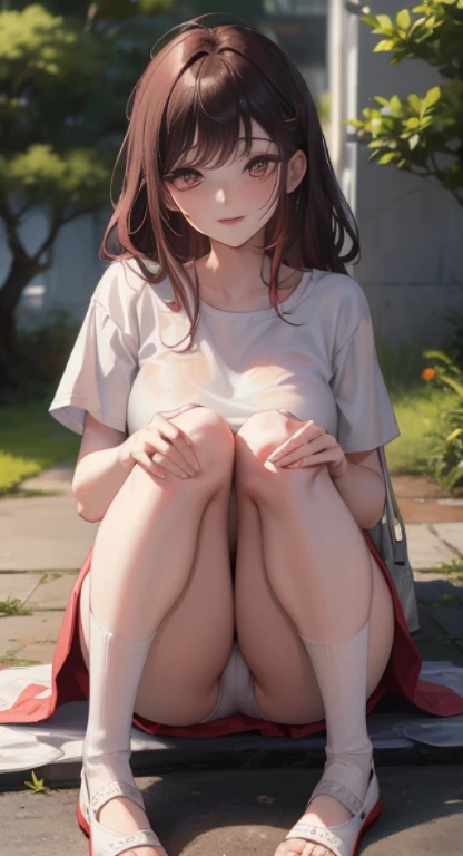 Super detailed，masterpiece，best quality，harf，View，blush blush，Yazawa Nico,red eyes, Blunt hair, 1 female、White clothes、The belly is visible，White bun hairstyle， black hair color hair、chubby、Smile、pale pink lips、Soaked all over，oestrus，Blushed，visible、Red y...