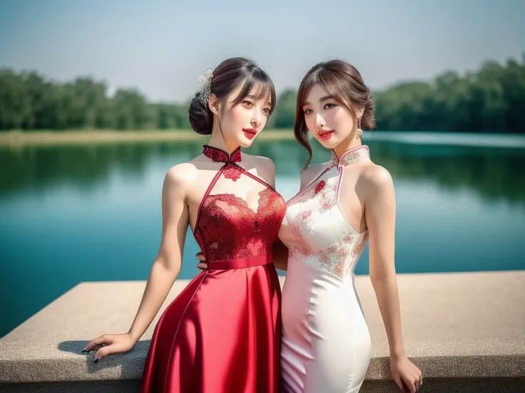 (High quality, 16K, HDR), Two beautiful girls,Lovers, Lesbians, Sexy Girl,bouquet red roses of flowers in hand,very bad image negative_v1.3,(huge breasts:1.1),red lips, glowing skin,big her curves,glamorous model,((A beautiful woman white dress near a body...