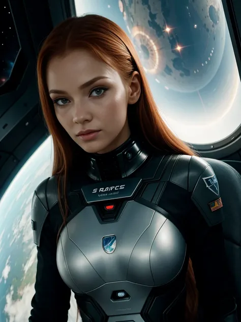 foto de uma mulher ruiva, in the space, traje espacial futurista, (sardas:0.8) rosto fofo, Science fiction, dystopian, olhos detalhados, olhos azuis