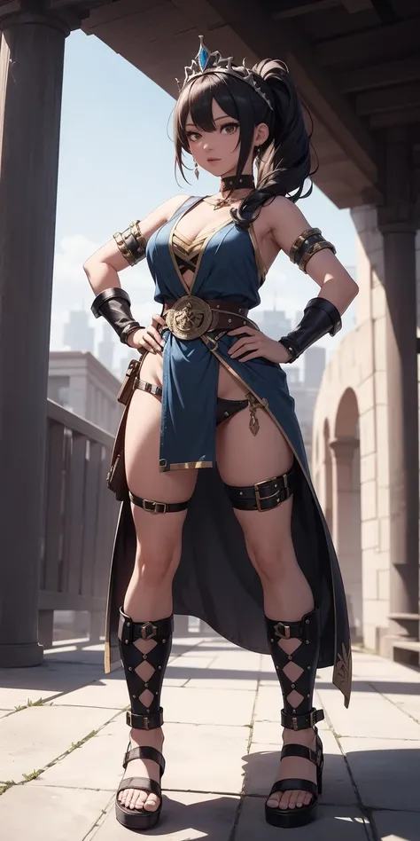 full body, whole body. 1solo (girl). slave fighter, loincloth standing, hands on hips full body, whole body. 1solo (girl). slave fighter, loincloth standing, hands on hips, metal sandals, backpack, choker, big belt, view from below, feet together, bracers,...