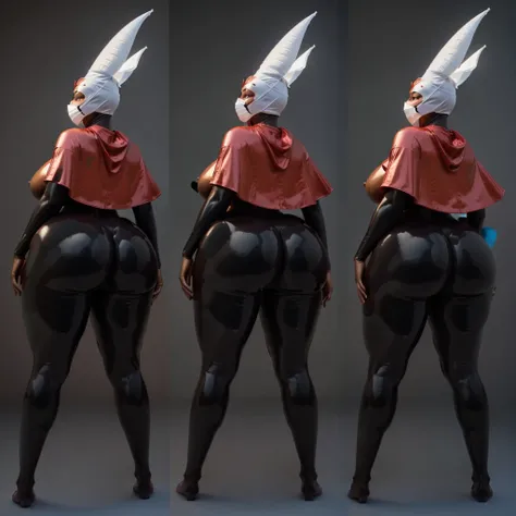 a close up of three naked black skinned african womans with a big ass and a red capes and with a large white masks on his heads, with their backs to the camera showing their naked butts, thicc, females womans is in her natural pose, black latex perfect bod...