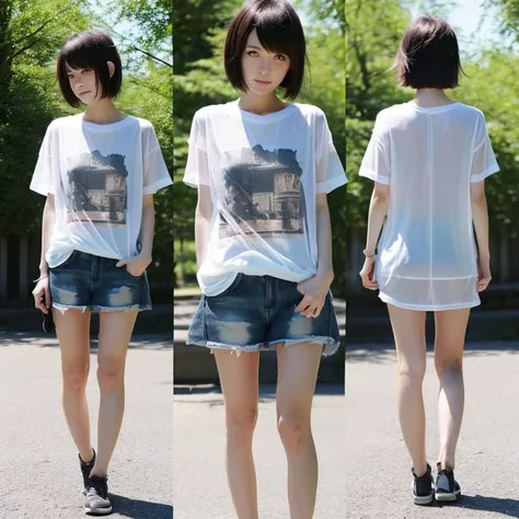 A Japanese Lady, look at viewr, ((very Short hair)), ((skinny:1.3)), 27-years old . day, Outdoors, Post-apocalypse, Ruins,, full body, ((see-through t-shirt)),