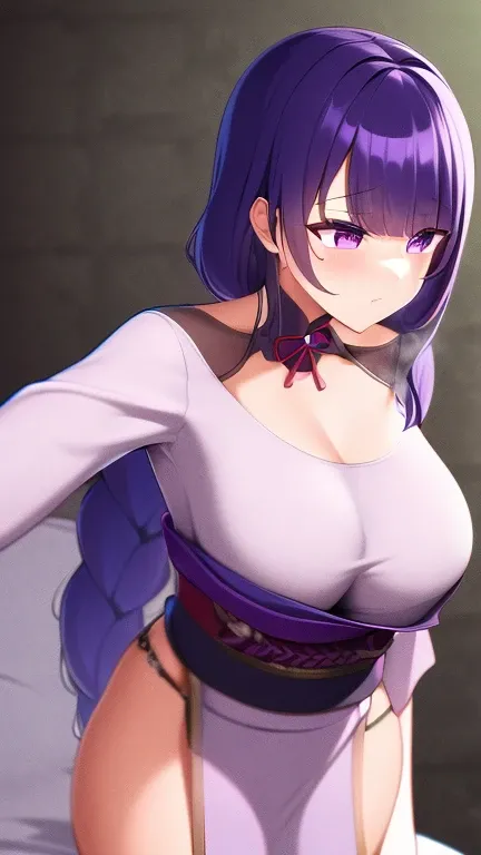 masterpiece, best quality, 1girl, solo, raiden shogun, long hair, purple hair, purple eyes, medium breasts, braided ponytail, hair ornament, blunt bangs, flowers, mole, mole under eye, sweat, Kimono top, Kimono, House background, in Bed, daylight