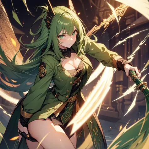 A young girl with fair skin, green eyes, and dark green hair with slightly thick and pointed strands, dressed in a slightly provocative yet warrior-like attire. She wears a revealing outfit with subtle seductive details. Over her attire, she has a coat, bu...