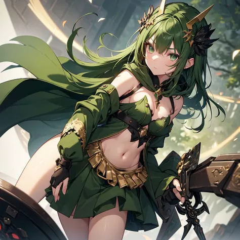 A young girl with fair skin, green eyes, and dark green hair with slightly thick and pointed strands, dressed in a slightly provocative yet warrior-like attire. She wears a revealing outfit with subtle seductive details. Over her attire, she has a coat, bu...