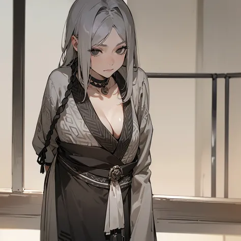 (((Alone))),(((Mature Woman))),(((Long Gray hair without bangs))),(((Completely black eyes))),(Full chest and slim waist),(((Tribal clothing)))