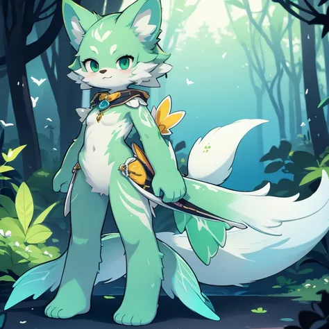 green，furry，one person，stand，front，fish tail