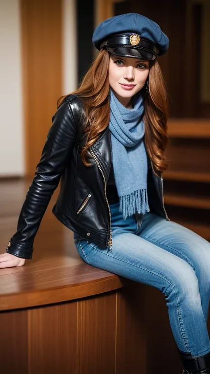 Gorgeous, pretty, warm-hearted, kind-hearted, brighty, cheerful, sweet, polite, sensitive, sensible, shiny, charming, stylish, long ginger wavy haired russian woman, she is dressed with denim trousers, a leather biker jacket, riding boots, a black newsboy ...